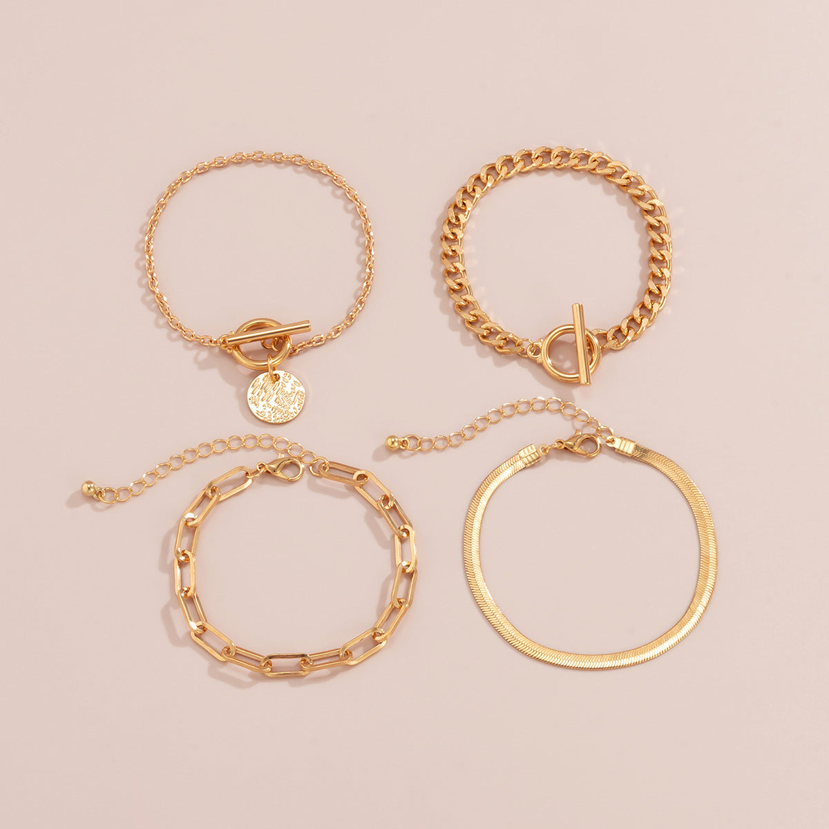 Punk Metal Chain Bracelet 4-Piece Set Hollow Geometric Flat Snake Bone Cuff Edgy Hip-Hop Jewelry In Gold & Silver