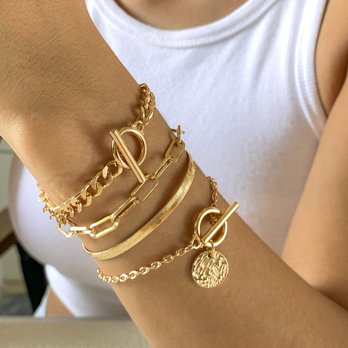Punk Metal Chain Bracelet 4-Piece Set Hollow Geometric Flat Snake Bone Cuff Edgy Hip-Hop Jewelry In Gold & Silver
