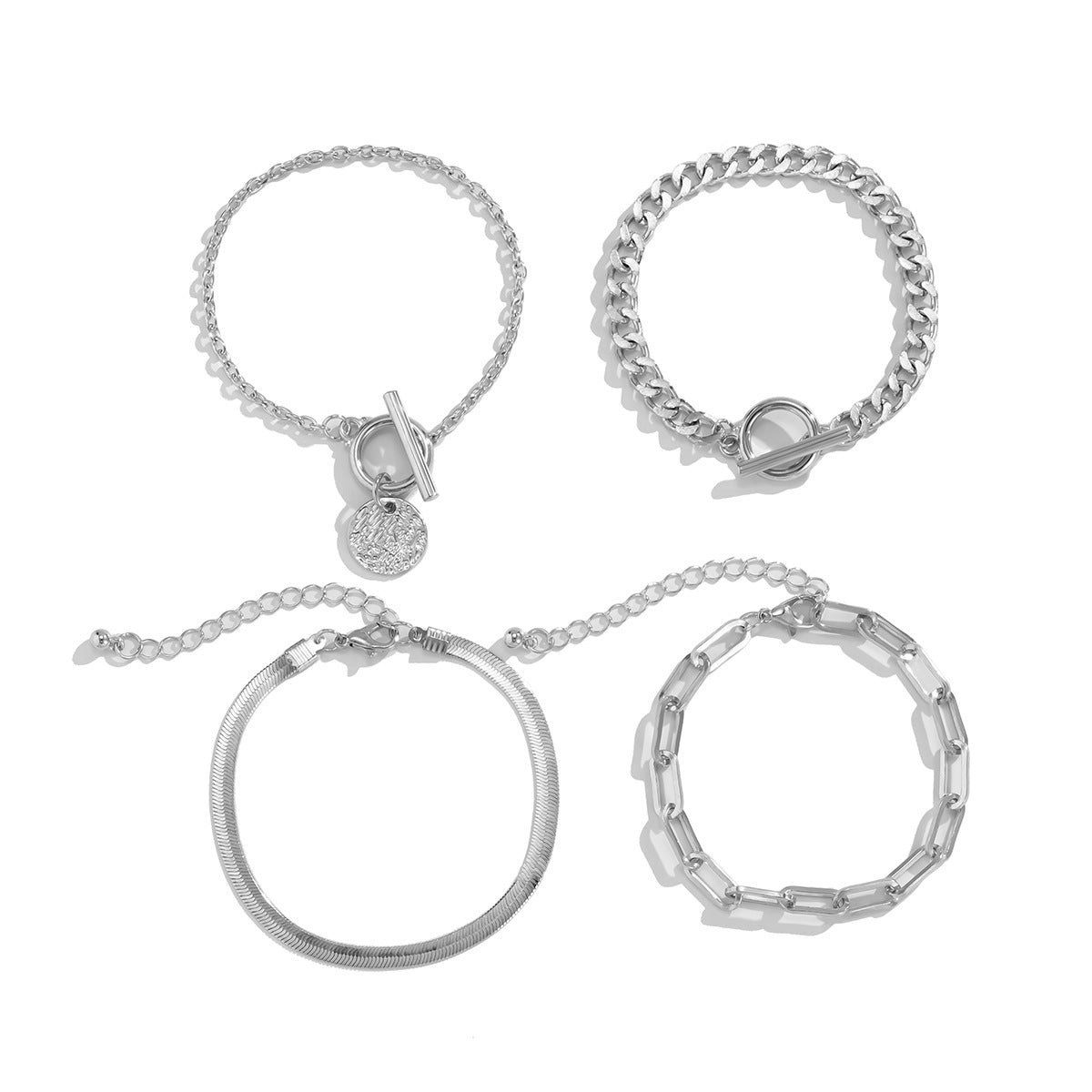 Punk Metal Chain Bracelet 4-Piece Set Hollow Geometric Flat Snake Bone Cuff Edgy Hip-Hop Jewelry In Gold & Silver