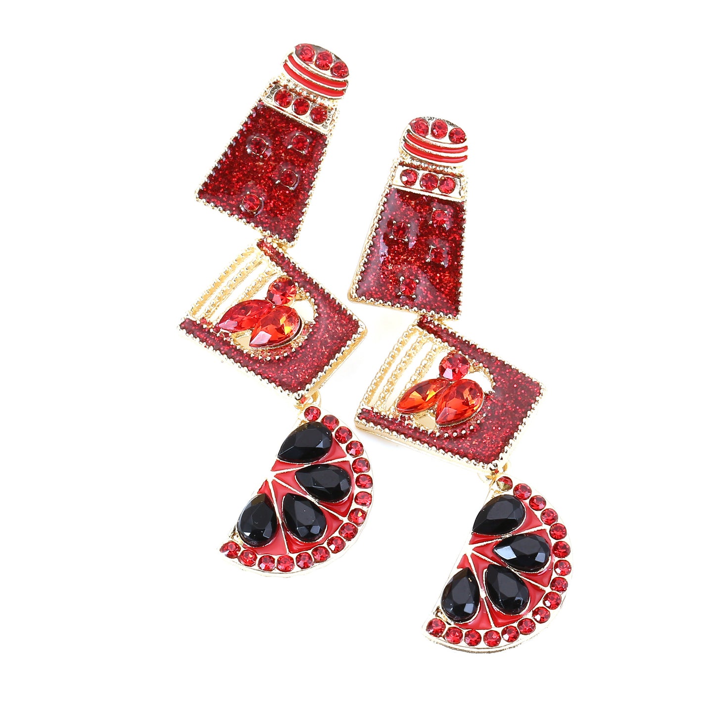 Fashion Geometry Pattern Rhinestone Earrings Creative Multi-layer Stitching Dripping Fruit Cup Ear Studs