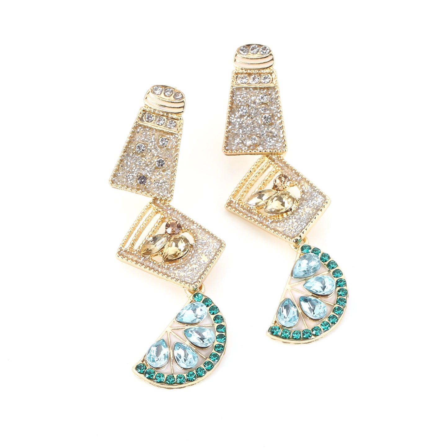 Fashion Geometry Pattern Rhinestone Earrings Creative Multi-layer Stitching Dripping Fruit Cup Ear Studs