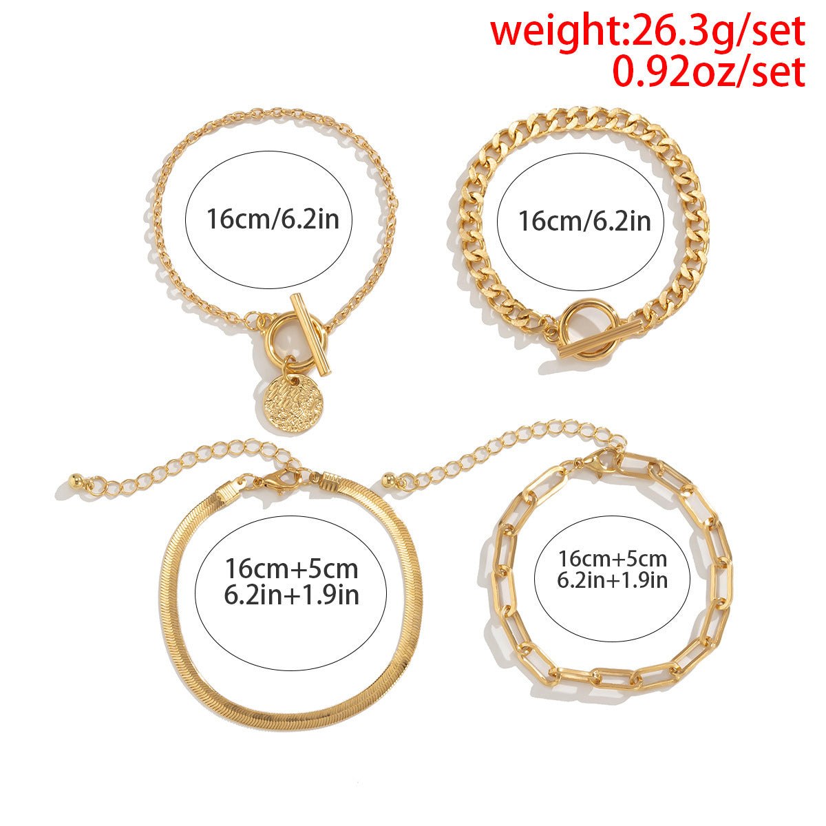 Punk Metal Chain Bracelet 4-Piece Set Hollow Geometric Flat Snake Bone Cuff Edgy Hip-Hop Jewelry In Gold & Silver