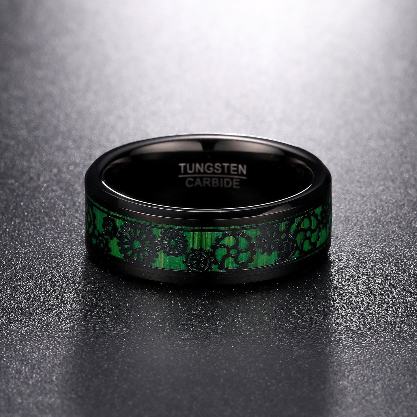 Electric Black Inlaid Green Gear Pattern Tungsten Ring