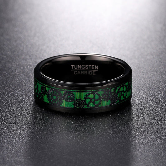 Electric Black Inlaid Green Gear Pattern Tungsten Ring
