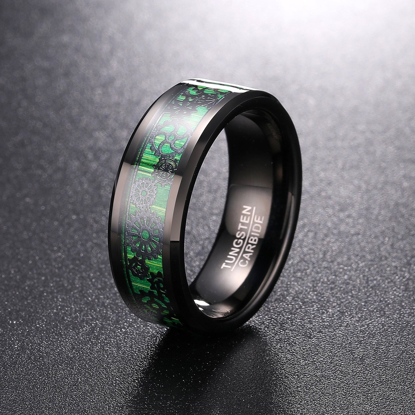 Electric Black Inlaid Green Gear Pattern Tungsten Ring