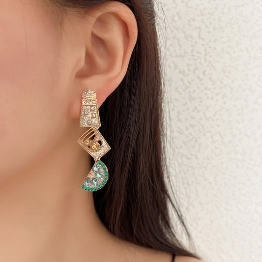 Fashion Geometry Pattern Rhinestone Earrings Creative Multi-layer Stitching Dripping Fruit Cup Ear Studs