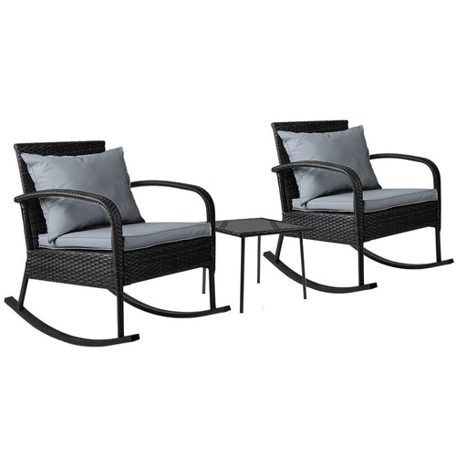 Gardeon 3PC Rocking Chair Table Wicker Outdoor Furniture Patio Bistro