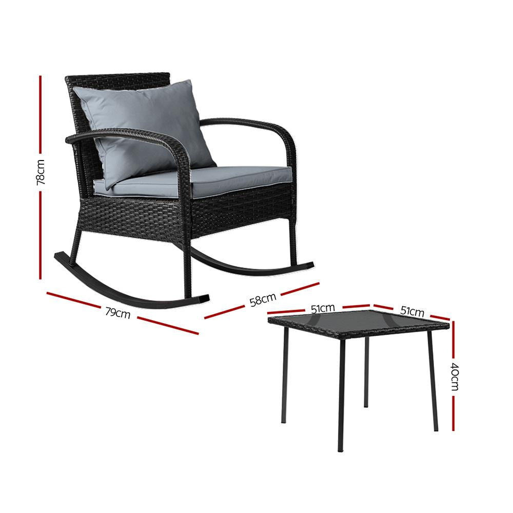 Gardeon 3PC Rocking Chair Table Wicker Outdoor Furniture Patio Bistro