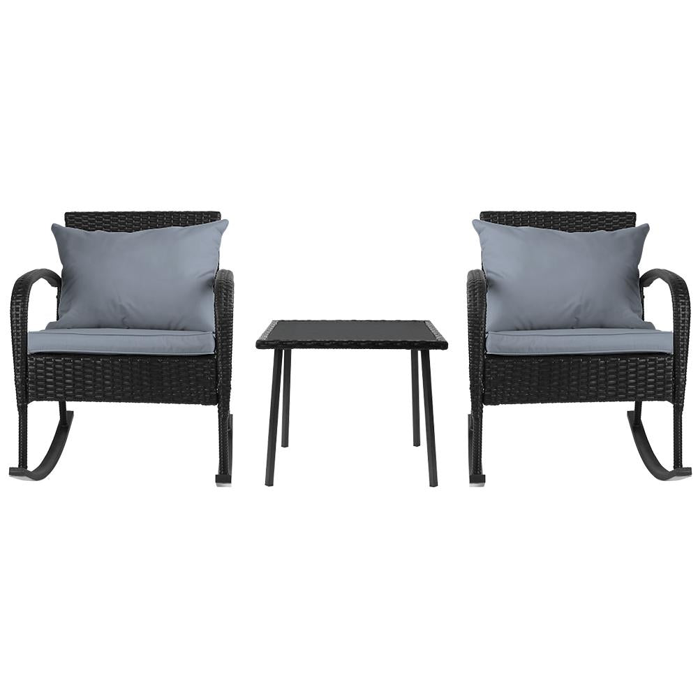 Gardeon 3PC Rocking Chair Table Wicker Outdoor Furniture Patio Bistro