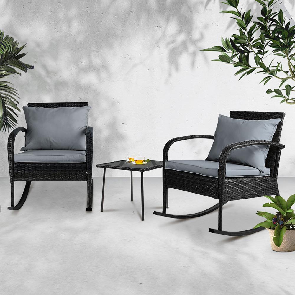 Gardeon 3PC Rocking Chair Table Wicker Outdoor Furniture Patio Bistro