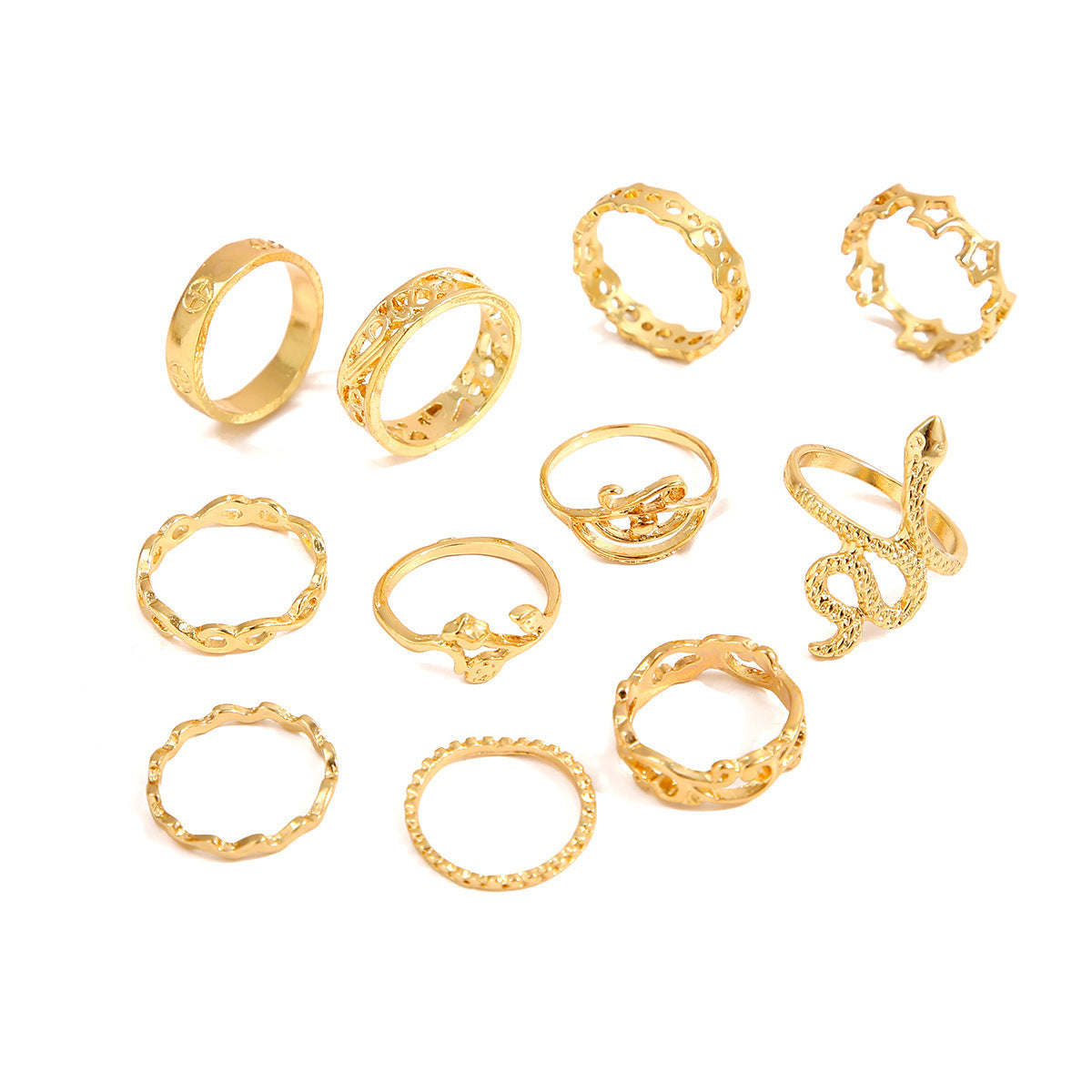 Geometric Creative Simple Temperament Women's Ring Snake Rose Hollow Flower 11-piece Set