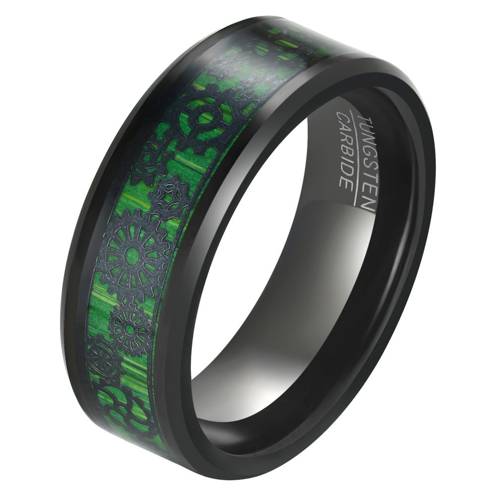 Electric Black Inlaid Green Gear Pattern Tungsten Ring