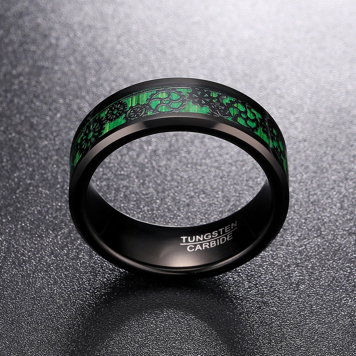 Electric Black Inlaid Green Gear Pattern Tungsten Ring