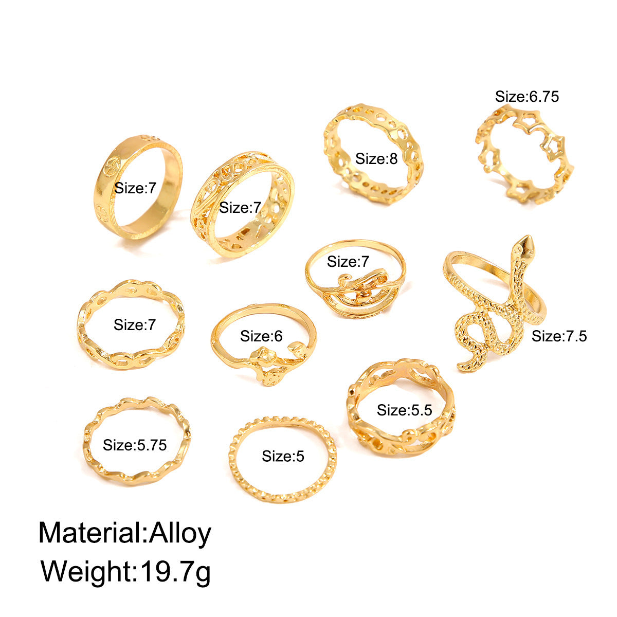 Geometric Creative Simple Temperament Women's Ring Snake Rose Hollow Flower 11-piece Set